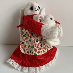 Vintage 80s Christmas sock bunny and baby red dress and Christmas print apron